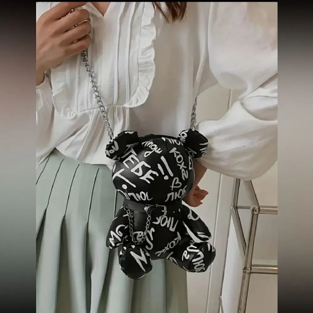 Adorable Black faux leather Graphic Teddy Bear Mini Bag.